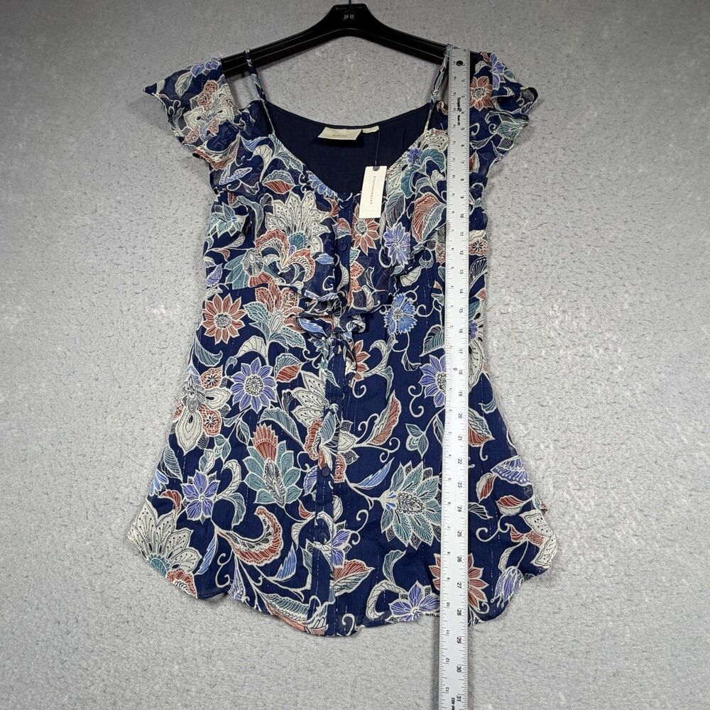 Anthropologie Maeve Blouse Top Women’s Size 6 Navy Floral Ruffle Open-Shoulder - Picture 7 of 15